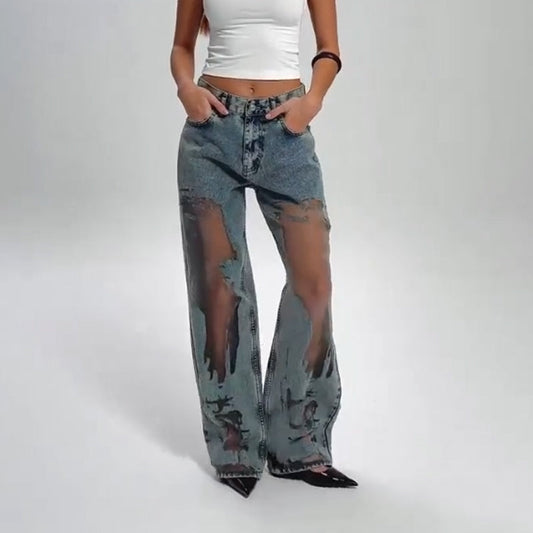 Women's Vintage Mesh Patchwork Printed Jeans