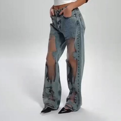 Women's Vintage Mesh Patchwork Printed Jeans